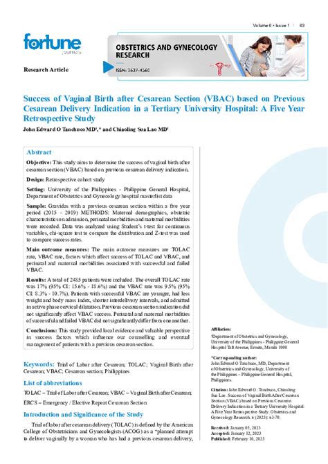 Success of Vaginal Birth after Cesarean Section (VBAC) based .